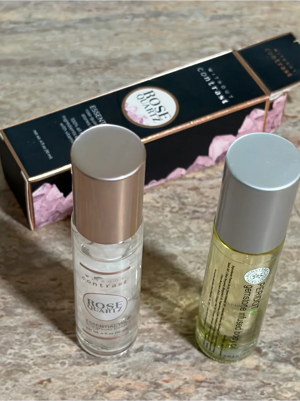 NIB Without Contrast Rose Quartz & Peridot Gemstone Infused Essential Body Oils